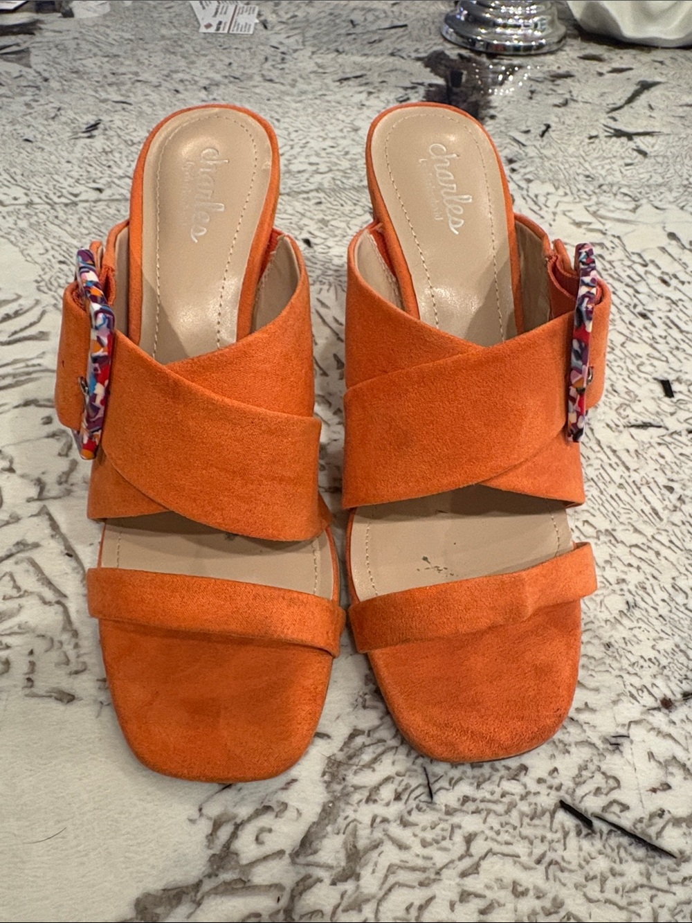 Charlies Orange Suede Buckle Slide Mules